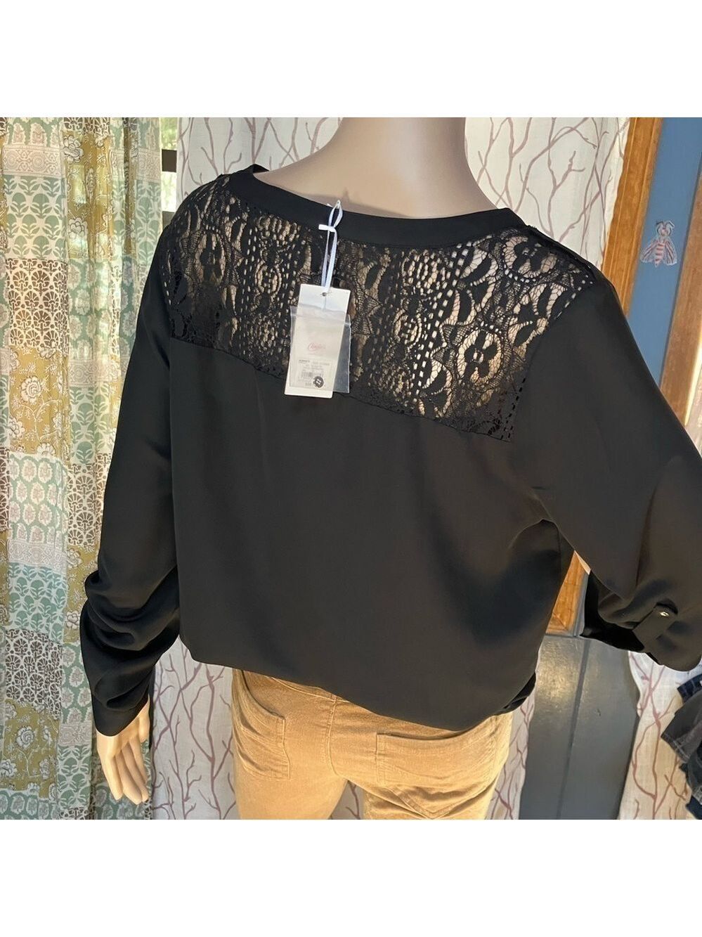 NEW Candies black silk blouse size med-3/4 gold zip front, delicate lace detail - Picture 5 of 5